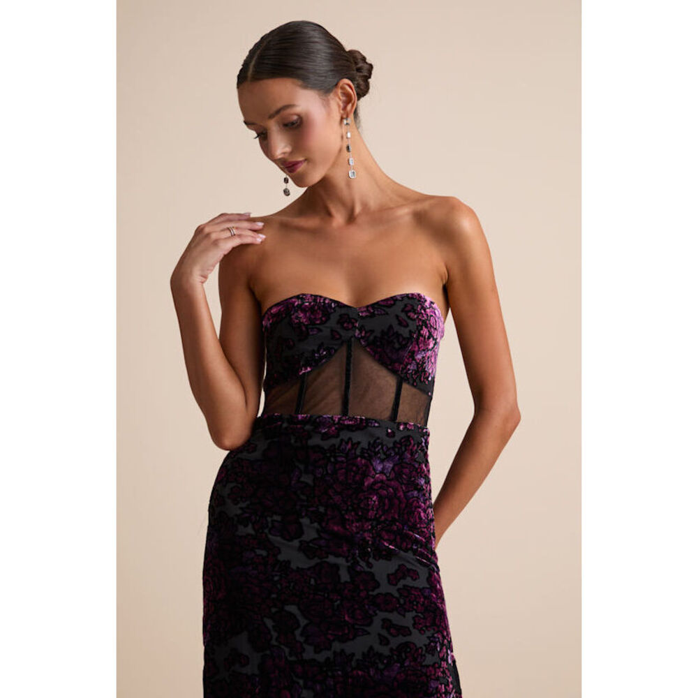 Lulus Breathtaking View Black Mesh Burnout Velvet Strapless Maxi Dress - Size XS